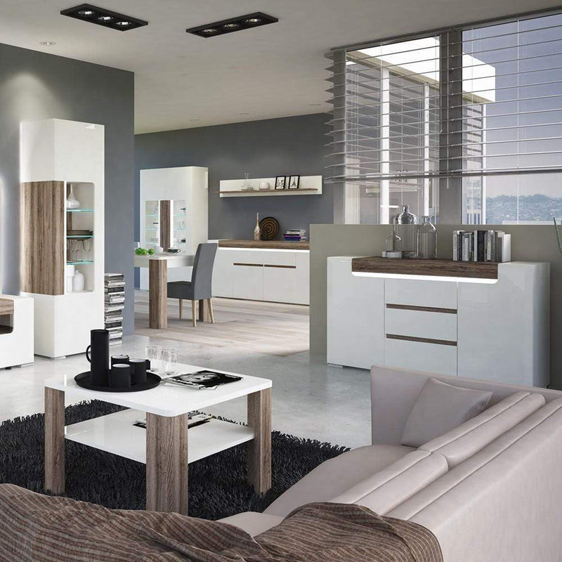 FTG Sideboard Toronto 2 Door 3 Drawer Sideboard (inc Plexi Lighting) White High Gloss with San Remo Oak inset Bed Kings