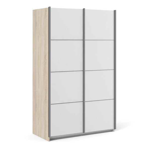 FTG Sliding Wardrobe Verona Sliding Wardrobe 120cm in Oak with White Doors with 5 Shelves Bed Kings