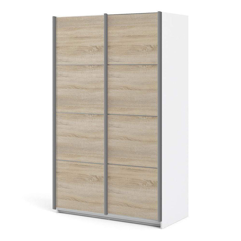 FTG Sliding Wardrobe Verona Sliding Wardrobe 120cm in White with Oak Doors with 5 Shelves Bed Kings