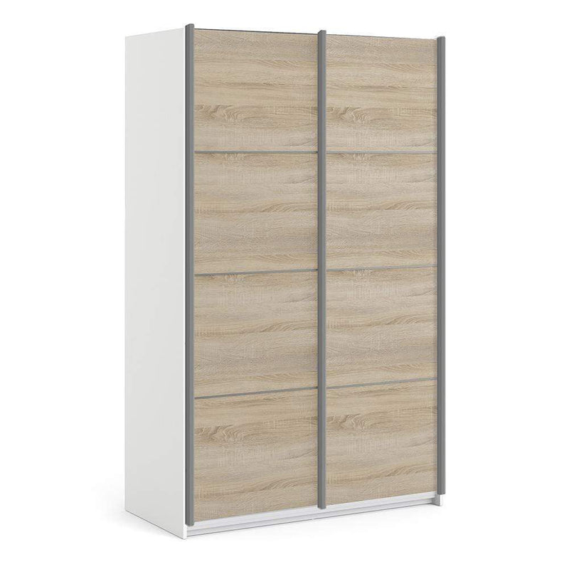 FTG Sliding Wardrobe Verona Sliding Wardrobe 120cm in White with Oak Doors with 5 Shelves Bed Kings