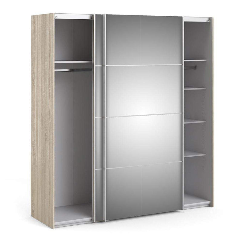 FTG Sliding Wardrobe Verona Sliding Wardrobe 180cm in Oak with Mirror Doors with 5 Shelves Bed Kings