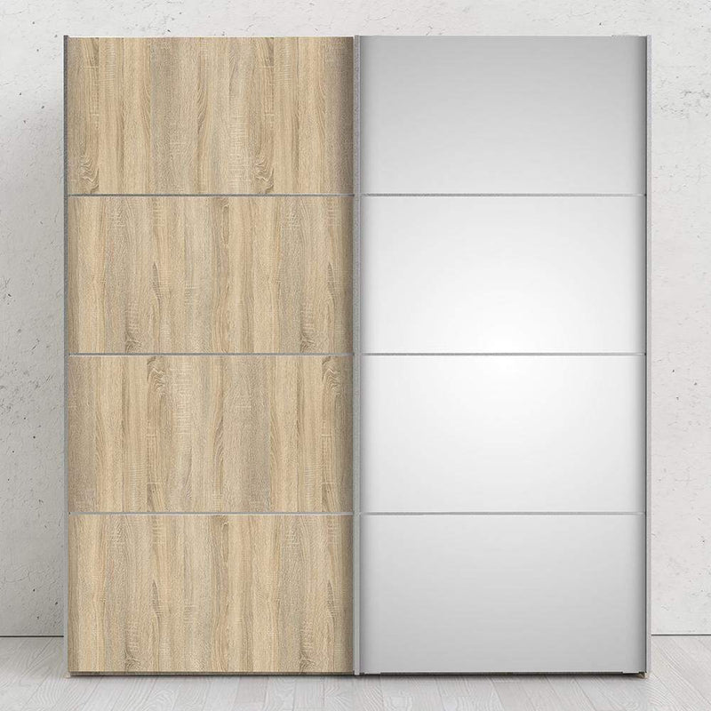 FTG Sliding Wardrobe Verona Sliding Wardrobe 180cm in Oak with Oak and Mirror Doors with 5 Shelves Bed Kings