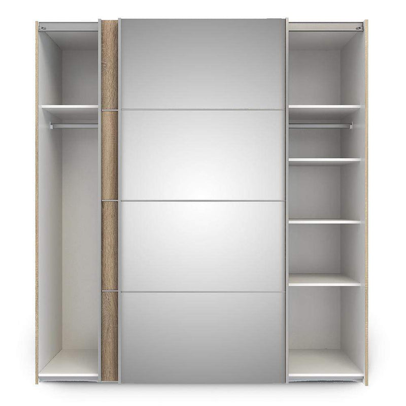 FTG Sliding Wardrobe Verona Sliding Wardrobe 180cm in Oak with Oak and Mirror Doors with 5 Shelves Bed Kings