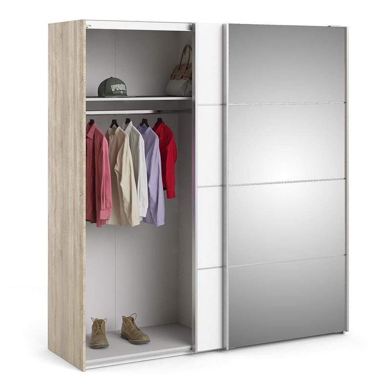 FTG Sliding Wardrobe Verona Sliding Wardrobe 180cm in Oak with White and Mirror Doors with 2 Shelves Bed Kings