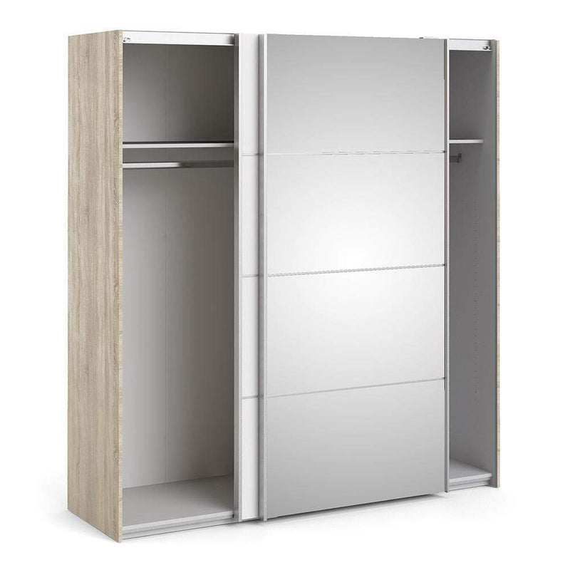 FTG Sliding Wardrobe Verona Sliding Wardrobe 180cm in Oak with White and Mirror Doors with 2 Shelves Bed Kings