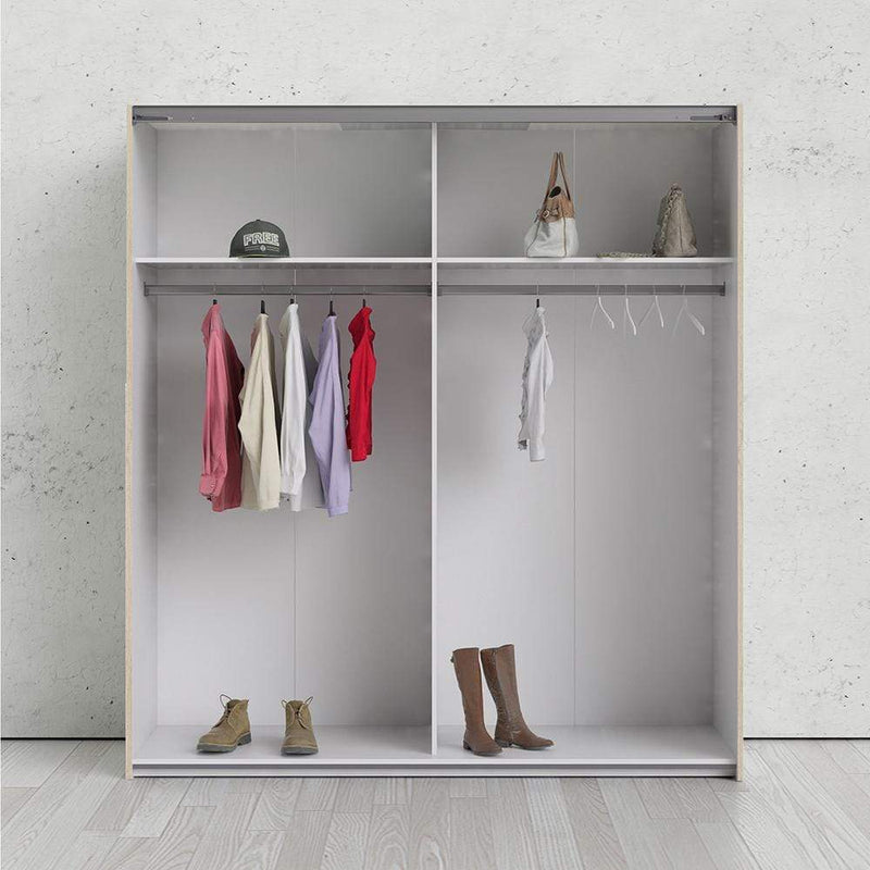 FTG Sliding Wardrobe Verona Sliding Wardrobe 180cm in Oak with White and Mirror Doors with 2 Shelves Bed Kings