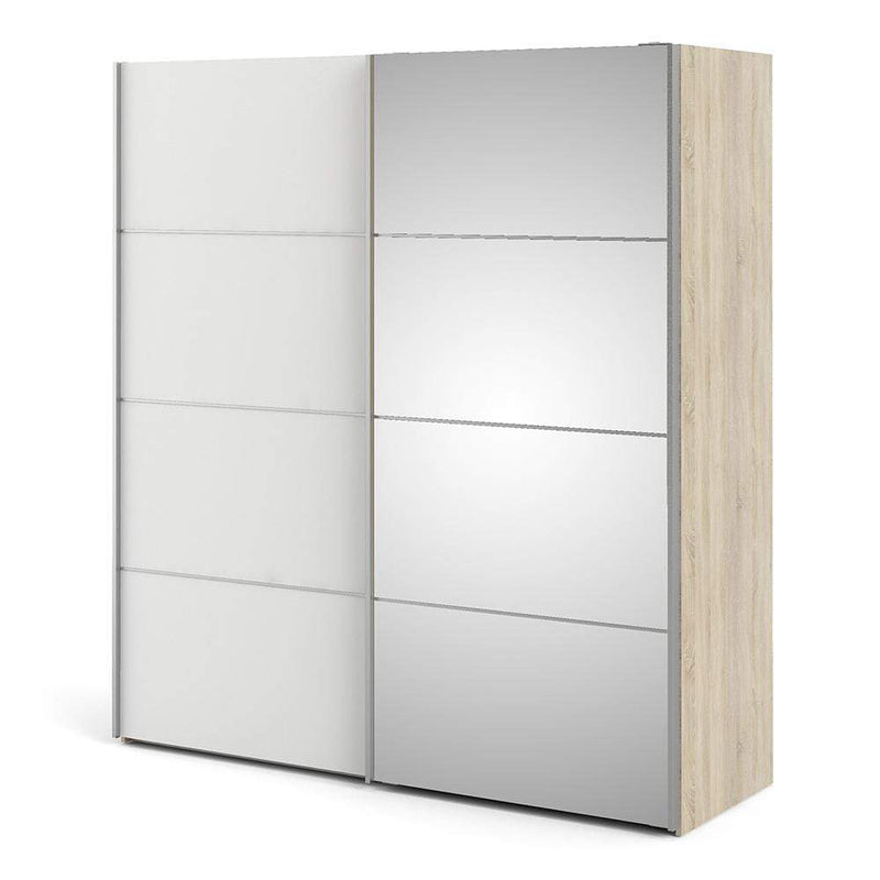 FTG Sliding Wardrobe Verona Sliding Wardrobe 180cm in Oak with White and Mirror Doors with 5 Shelves Bed Kings