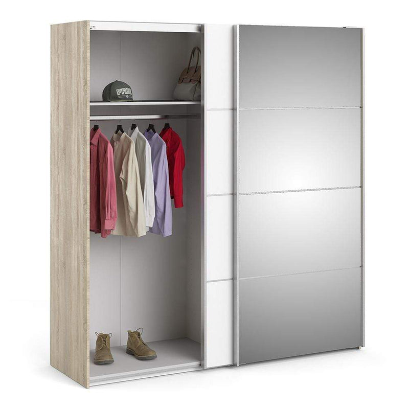 FTG Sliding Wardrobe Verona Sliding Wardrobe 180cm in Oak with White and Mirror Doors with 5 Shelves Bed Kings