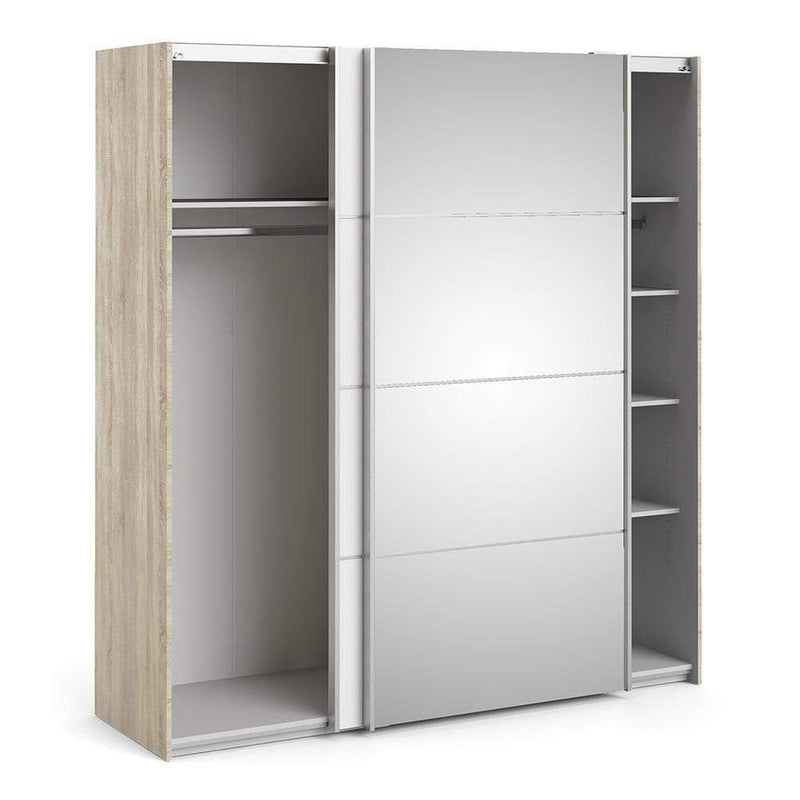 FTG Sliding Wardrobe Verona Sliding Wardrobe 180cm in Oak with White and Mirror Doors with 5 Shelves Bed Kings