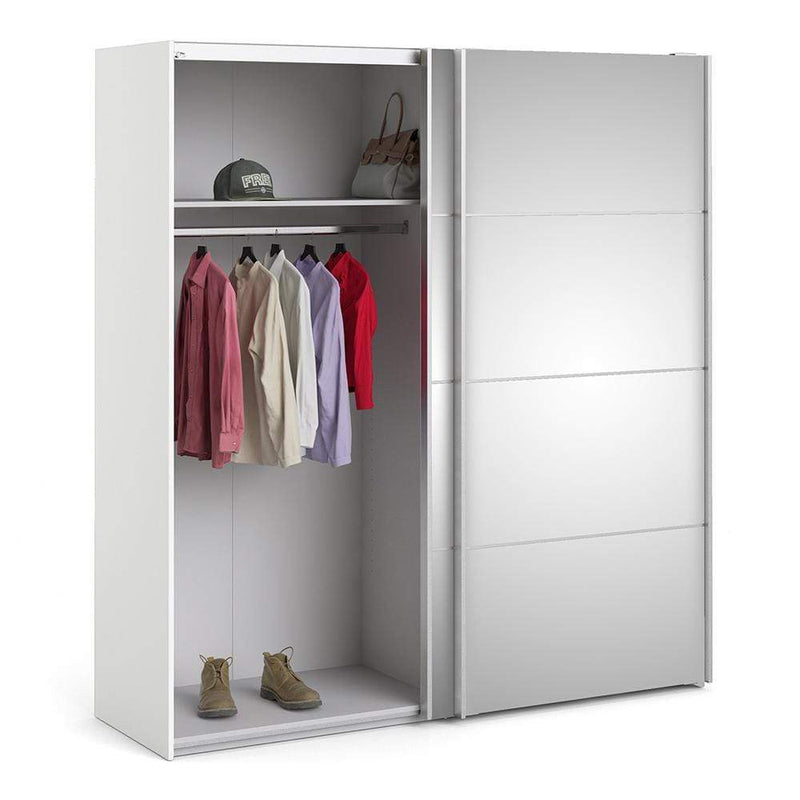 FTG Sliding Wardrobe Verona Sliding Wardrobe 180cm in White with Mirror Doors with 2 Shelves Bed Kings