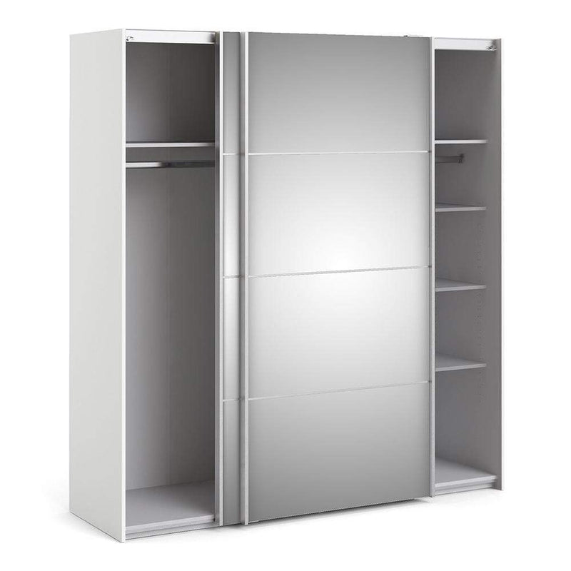 FTG Sliding Wardrobe Verona Sliding Wardrobe 180cm in White with Mirror Doors with 5 Shelves Bed Kings