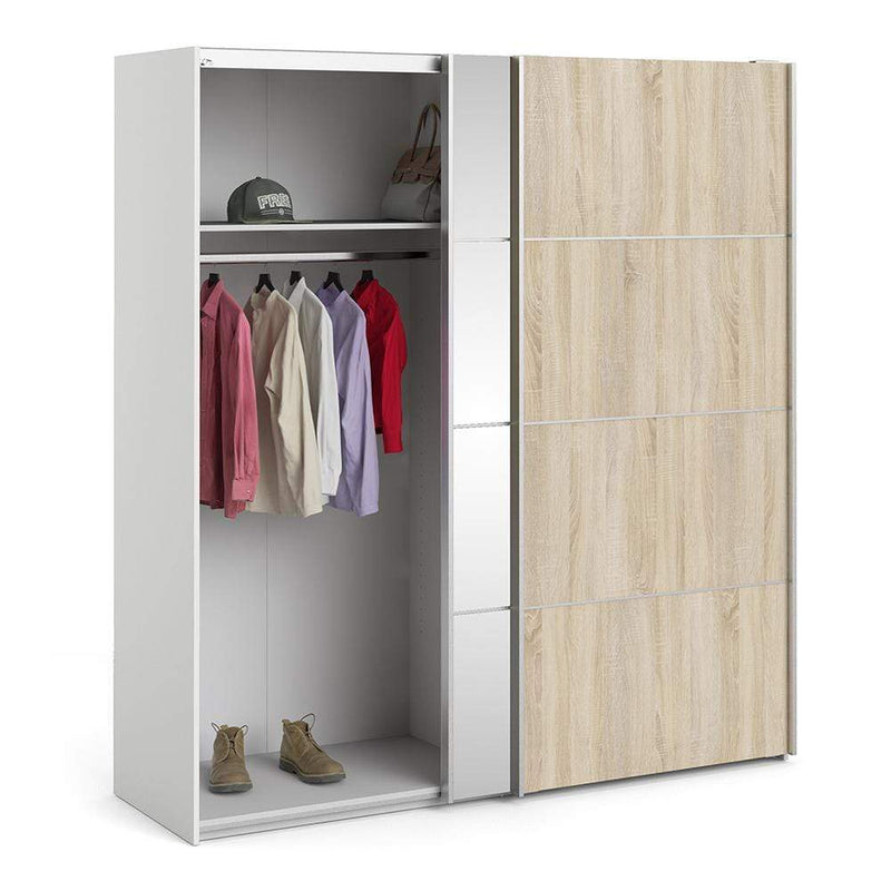 FTG Sliding Wardrobe Verona Sliding Wardrobe 180cm in White with Oak and Mirror Doors with 2 Shelves Bed Kings