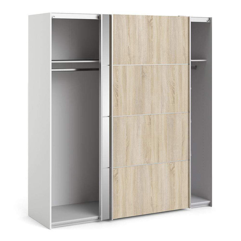 FTG Sliding Wardrobe Verona Sliding Wardrobe 180cm in White with Oak and Mirror Doors with 2 Shelves Bed Kings