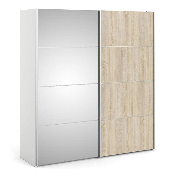 FTG Sliding Wardrobe Verona Sliding Wardrobe 180cm in White with Oak and Mirror Doors with 2 Shelves Bed Kings