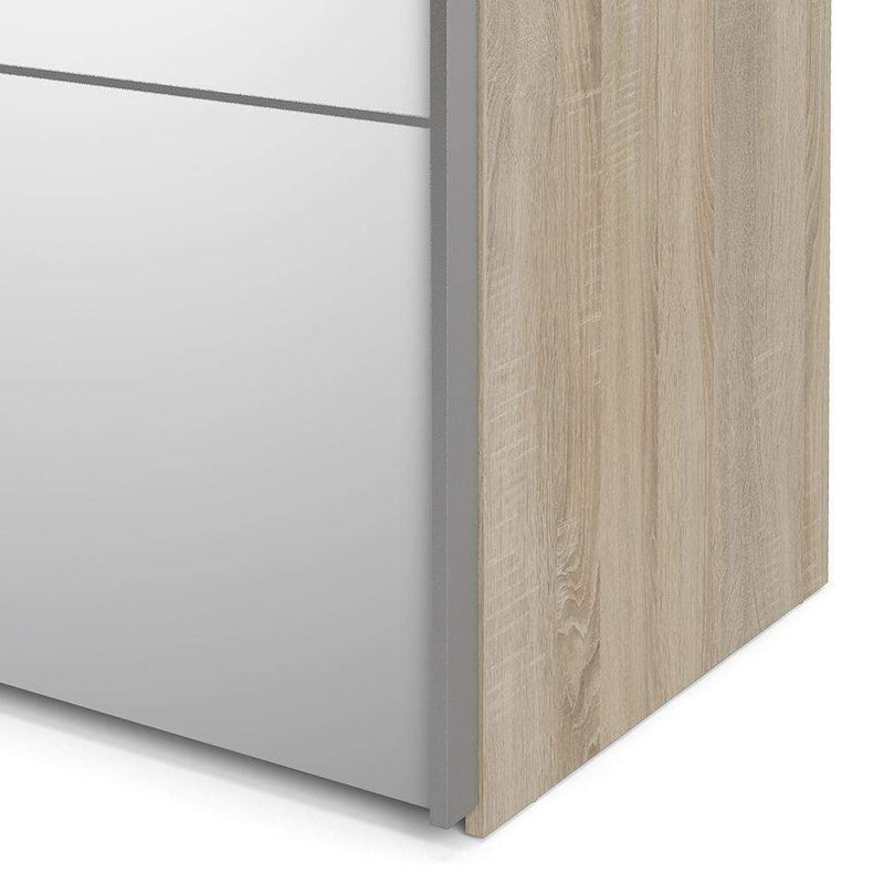 FTG Sliding Wardrobe Verona Sliding Wardrobe 180cm in White with Oak and Mirror Doors with 5 Shelves Bed Kings