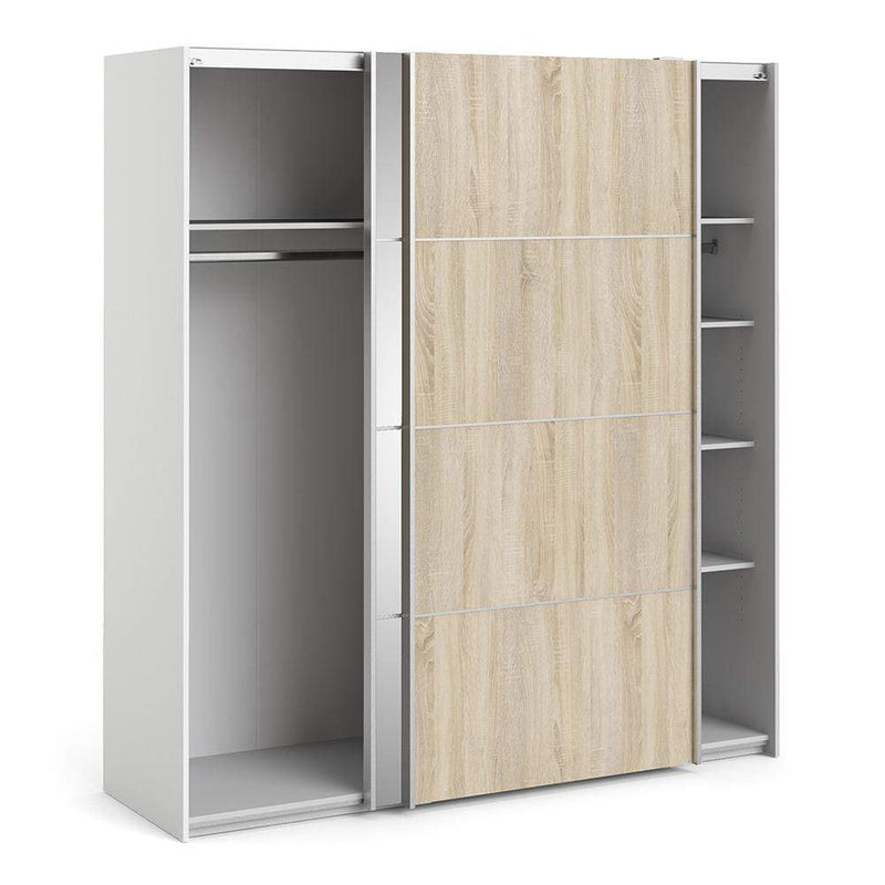 FTG Sliding Wardrobe Verona Sliding Wardrobe 180cm in White with Oak and Mirror Doors with 5 Shelves Bed Kings