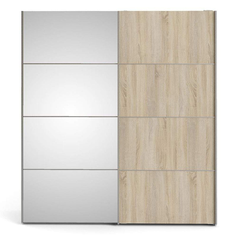 FTG Sliding Wardrobe Verona Sliding Wardrobe 180cm in White with Oak and Mirror Doors with 5 Shelves Bed Kings