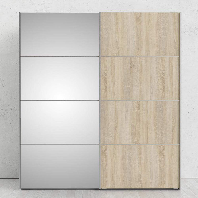 FTG Sliding Wardrobe Verona Sliding Wardrobe 180cm in White with Oak and Mirror Doors with 5 Shelves Bed Kings