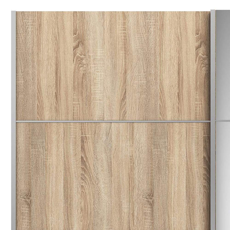FTG Sliding Wardrobe Verona Sliding Wardrobe 180cm in White with Oak and Mirror Doors with 5 Shelves Bed Kings