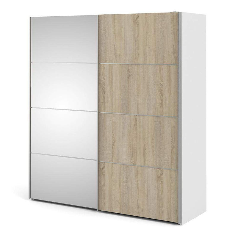FTG Sliding Wardrobe Verona Sliding Wardrobe 180cm in White with Oak and Mirror Doors with 5 Shelves Bed Kings