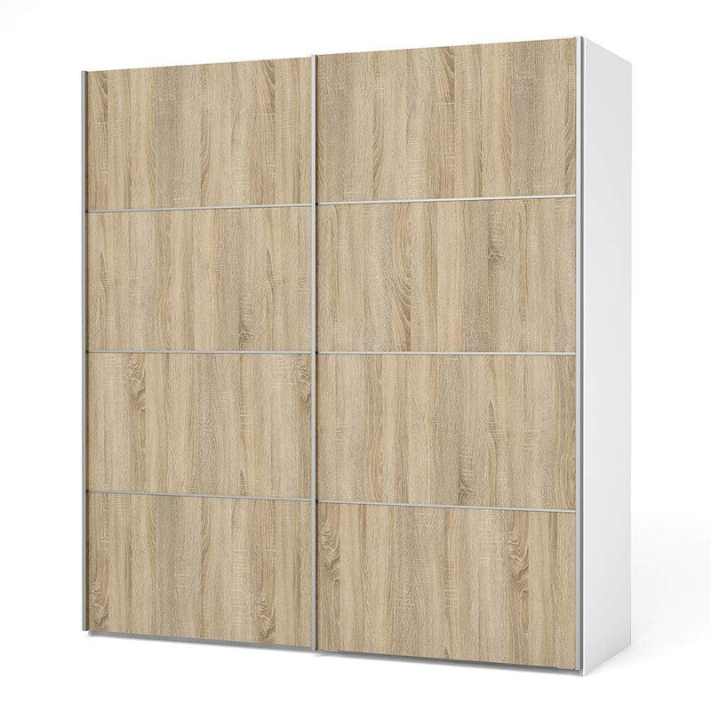 FTG Sliding Wardrobe Verona Sliding Wardrobe 180cm in White with Oak Doors with 2 Shelves Bed Kings