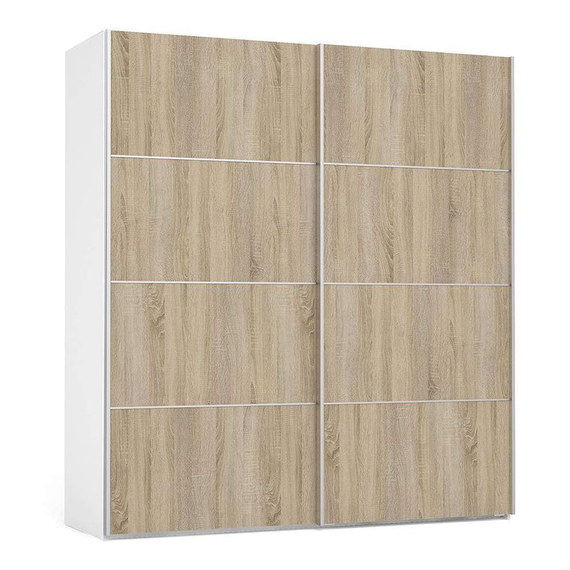 FTG Sliding Wardrobe Verona Sliding Wardrobe 180cm in White with Oak Doors with 2 Shelves Bed Kings
