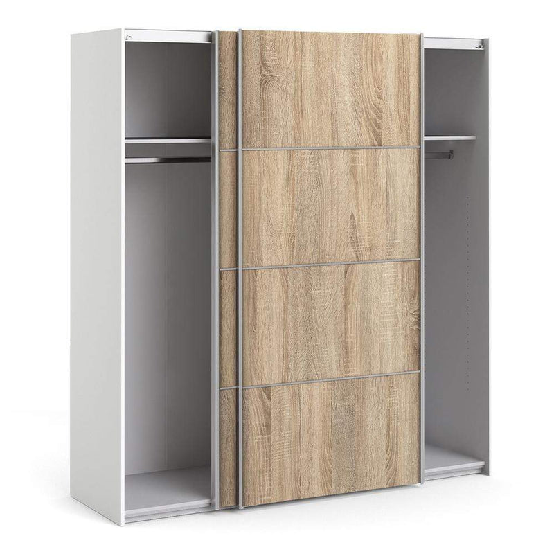 FTG Sliding Wardrobe Verona Sliding Wardrobe 180cm in White with Oak Doors with 2 Shelves Bed Kings