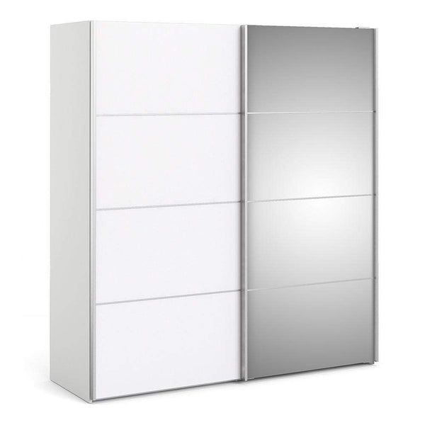 FTG Sliding Wardrobe Verona Sliding Wardrobe 180cm in White with White and Mirror Doors with 2 Shelves Bed Kings