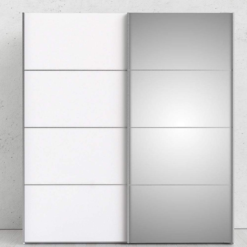 FTG Sliding Wardrobe Verona Sliding Wardrobe 180cm in White with White and Mirror Doors with 2 Shelves Bed Kings