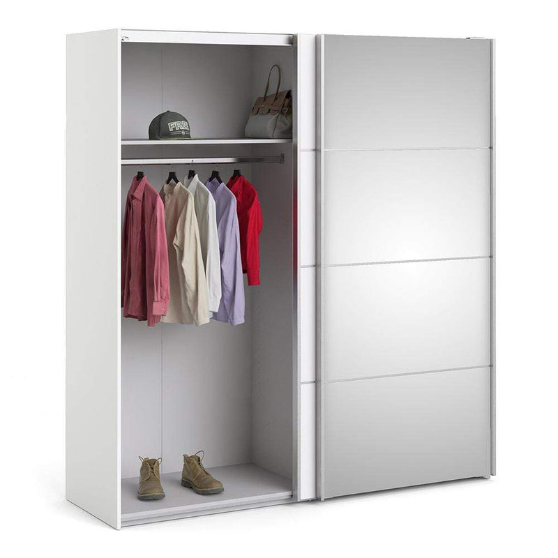 FTG Sliding Wardrobe Verona Sliding Wardrobe 180cm in White with White and Mirror Doors with 2 Shelves Bed Kings