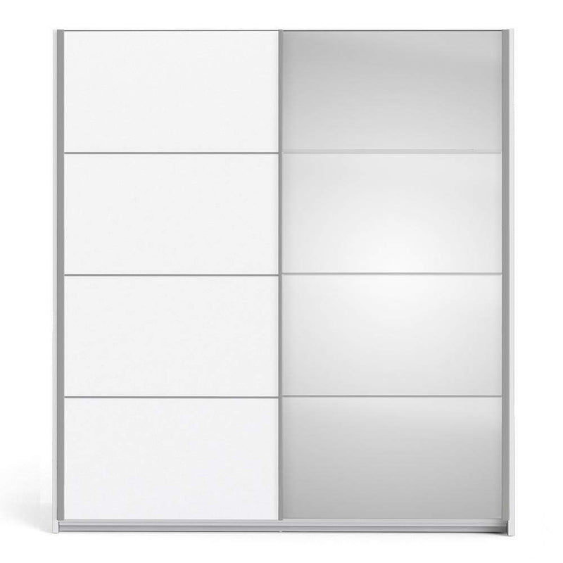 FTG Sliding Wardrobe Verona Sliding Wardrobe 180cm in White with White and Mirror Doors with 5 Shelves Bed Kings
