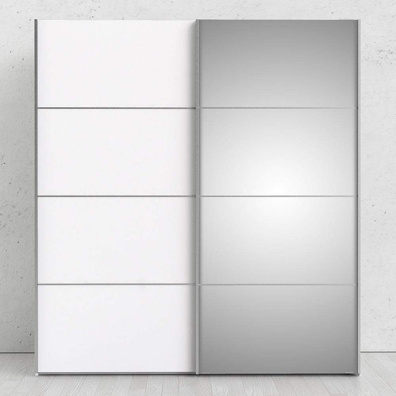 FTG Sliding Wardrobe Verona Sliding Wardrobe 180cm in White with White and Mirror Doors with 5 Shelves Bed Kings