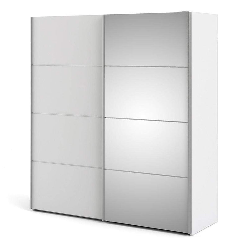 FTG Sliding Wardrobe Verona Sliding Wardrobe 180cm in White with White and Mirror Doors with 5 Shelves Bed Kings