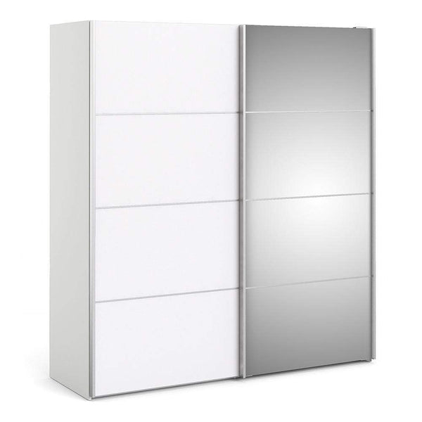 FTG Sliding Wardrobe Verona Sliding Wardrobe 180cm in White with White and Mirror Doors with 5 Shelves Bed Kings