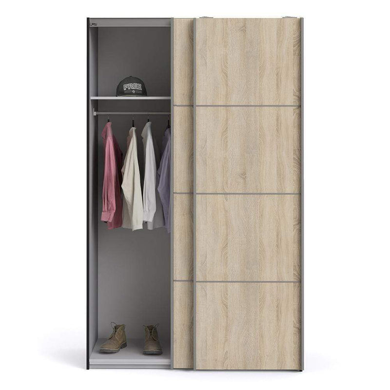 FTG Sliding Wardrobe Verona - Verona Sliding Wardrobe 120cm in Black Matt with Oak Doors with 2 Shelves Bed Kings