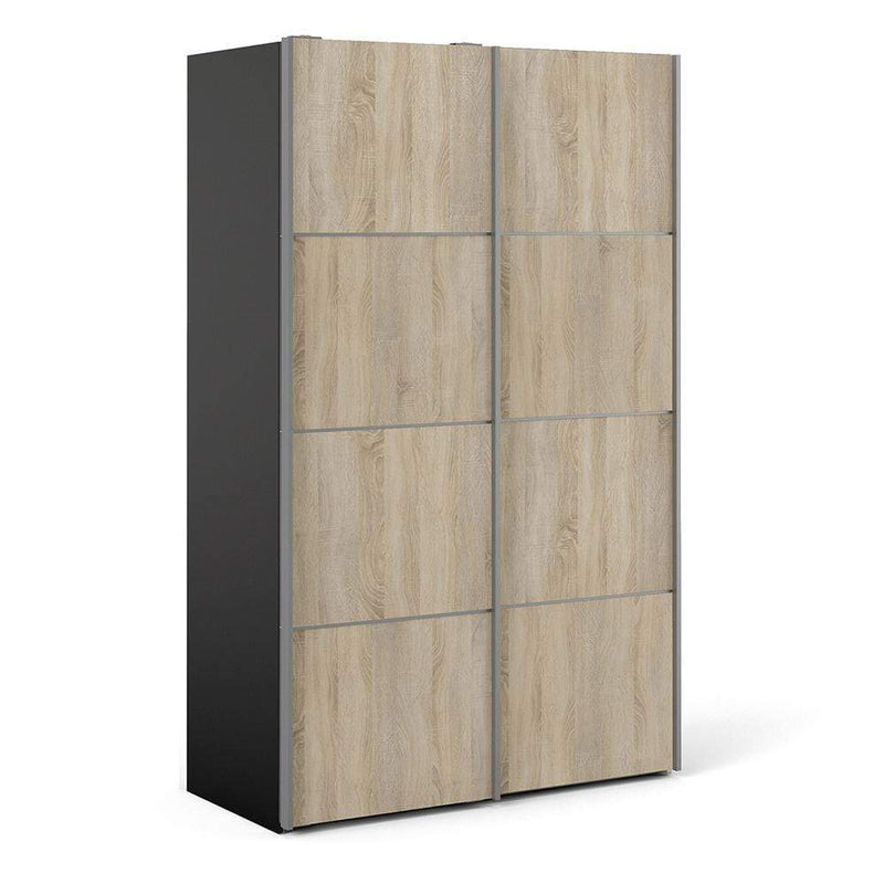 FTG Sliding Wardrobe Verona - Verona Sliding Wardrobe 120cm in Black Matt with Oak Doors with 2 Shelves Bed Kings