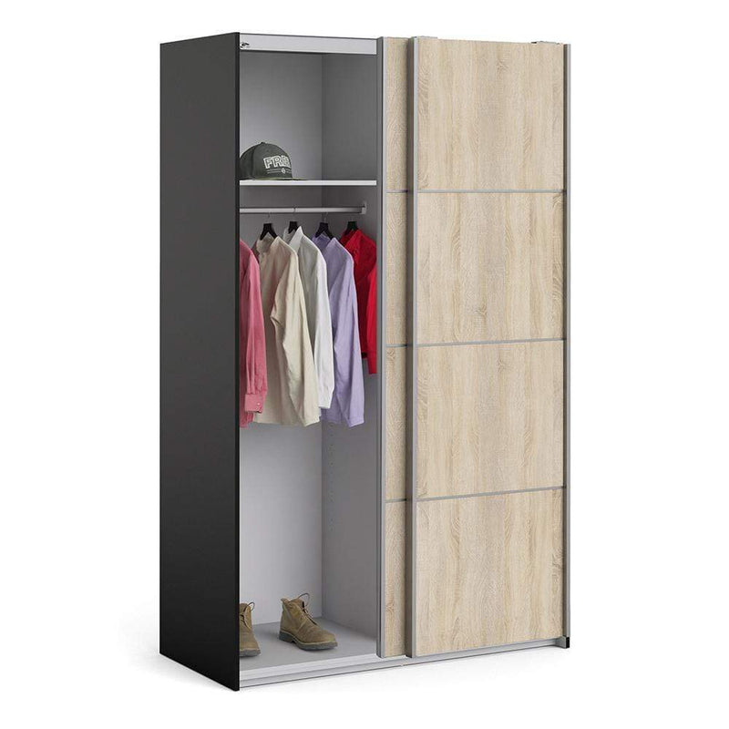 FTG Sliding Wardrobe Verona - Verona Sliding Wardrobe 120cm in Black Matt with Oak Doors with 2 Shelves Bed Kings