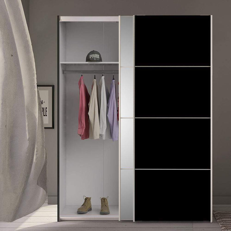 FTG Sliding Wardrobe Verona - Verona Sliding Wardrobe 180cm in Black Matt with Black Matt and Mirror Doors with 2 Shelves Bed Kings