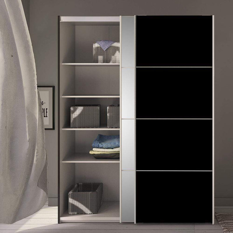 FTG Sliding Wardrobe Verona - Verona Sliding Wardrobe 180cm in Black Matt with Black Matt and Mirror Doors with 5 Shelves Bed Kings