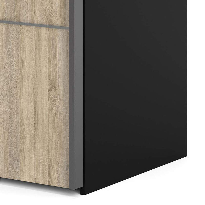 FTG Sliding Wardrobe Verona - Verona Sliding Wardrobe 180cm in Black Matt with Oak Doors with 2 Shelves Bed Kings