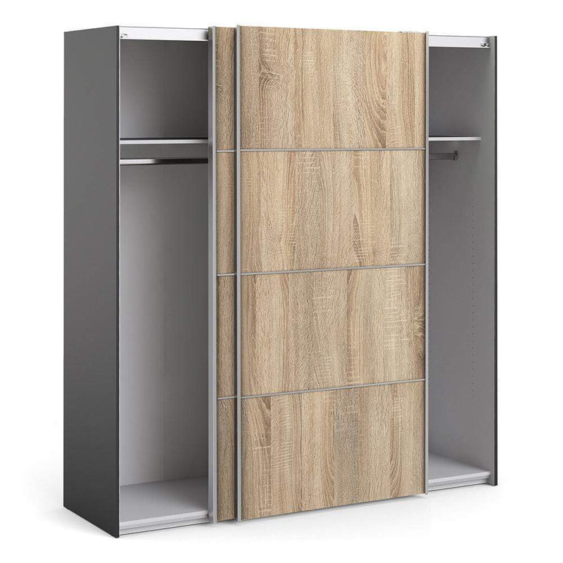 FTG Sliding Wardrobe Verona - Verona Sliding Wardrobe 180cm in Black Matt with Oak Doors with 2 Shelves Bed Kings