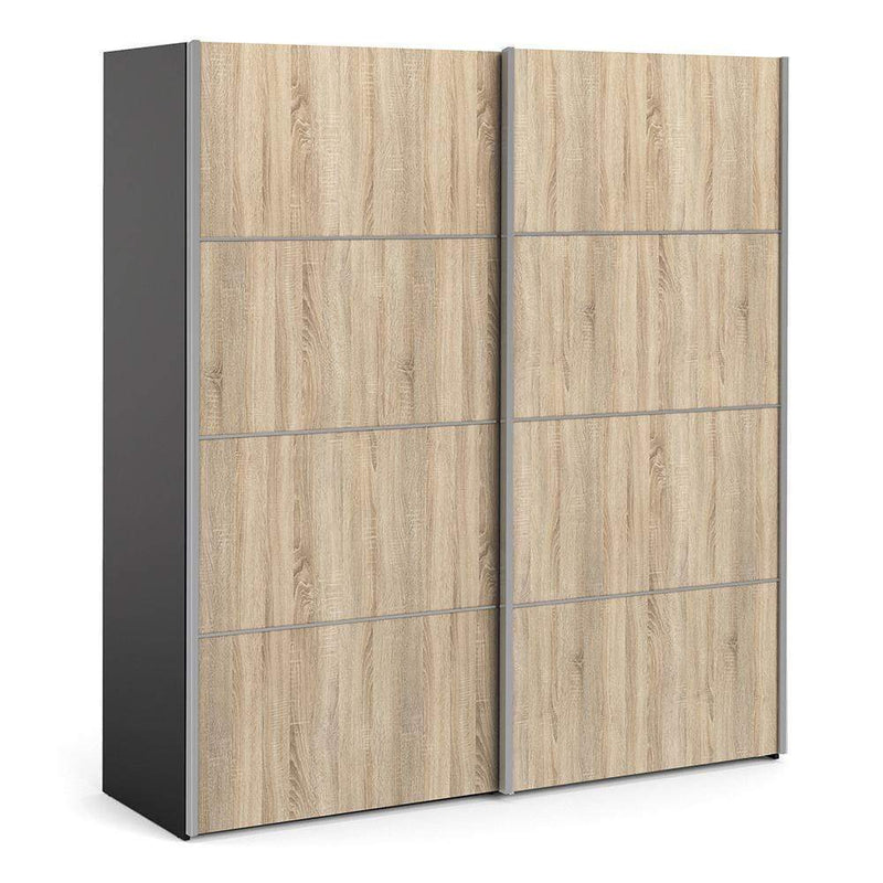FTG Sliding Wardrobe Verona - Verona Sliding Wardrobe 180cm in Black Matt with Oak Doors with 2 Shelves Bed Kings