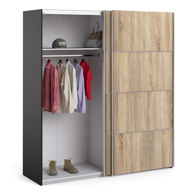 FTG Sliding Wardrobe Verona - Verona Sliding Wardrobe 180cm in Black Matt with Oak Doors with 2 Shelves Bed Kings