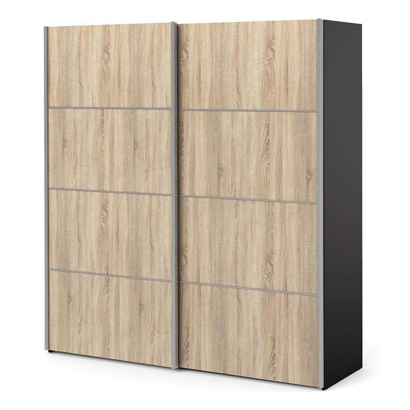 FTG Sliding Wardrobe Verona - Verona Sliding Wardrobe 180cm in Black Matt with Oak Doors with 2 Shelves Bed Kings