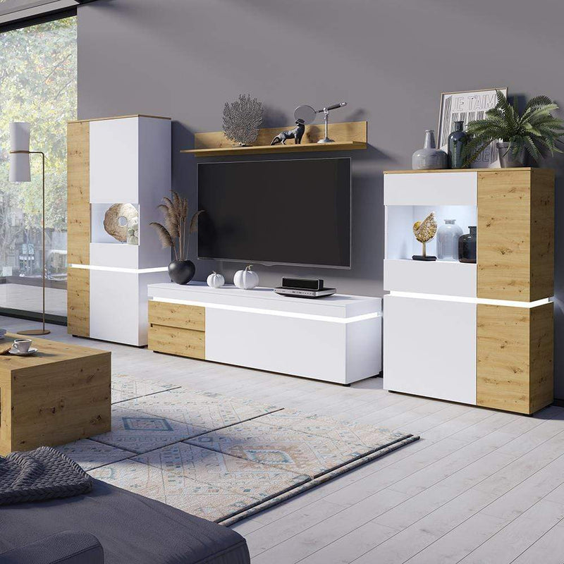FTG TV Unit Luci Bright - Luci 1 door 2 drawer 150 cm TV unit (including LED lighting) in White and Oak Bed Kings