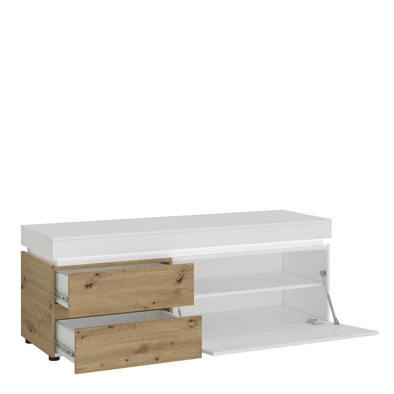 FTG TV Unit Luci Bright - Luci 1 door 2 drawer 150 cm TV unit (including LED lighting) in White and Oak Bed Kings