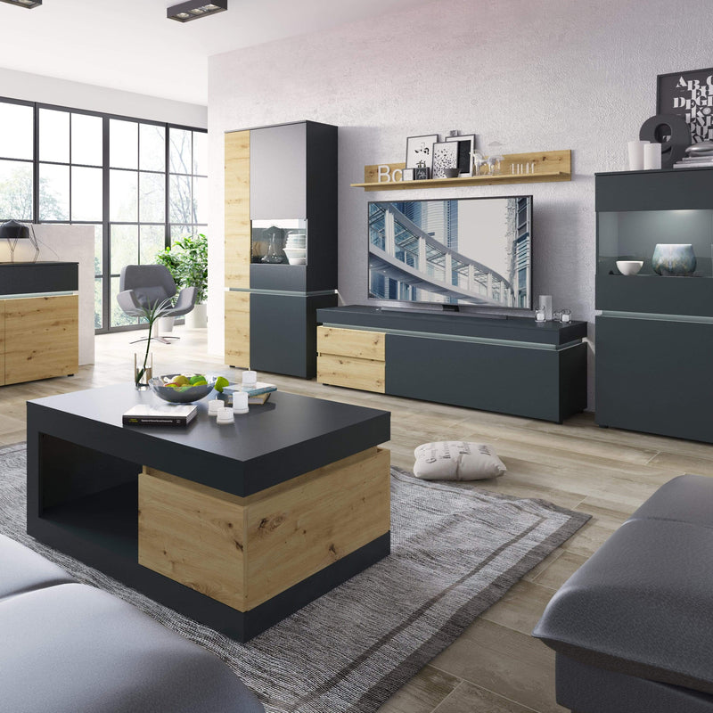 FTG TV Unit Luci Dark - Luci 1 door 2 drawer 180 cm wide TV unit (including LED lighting) in Platinum and Oak Bed Kings