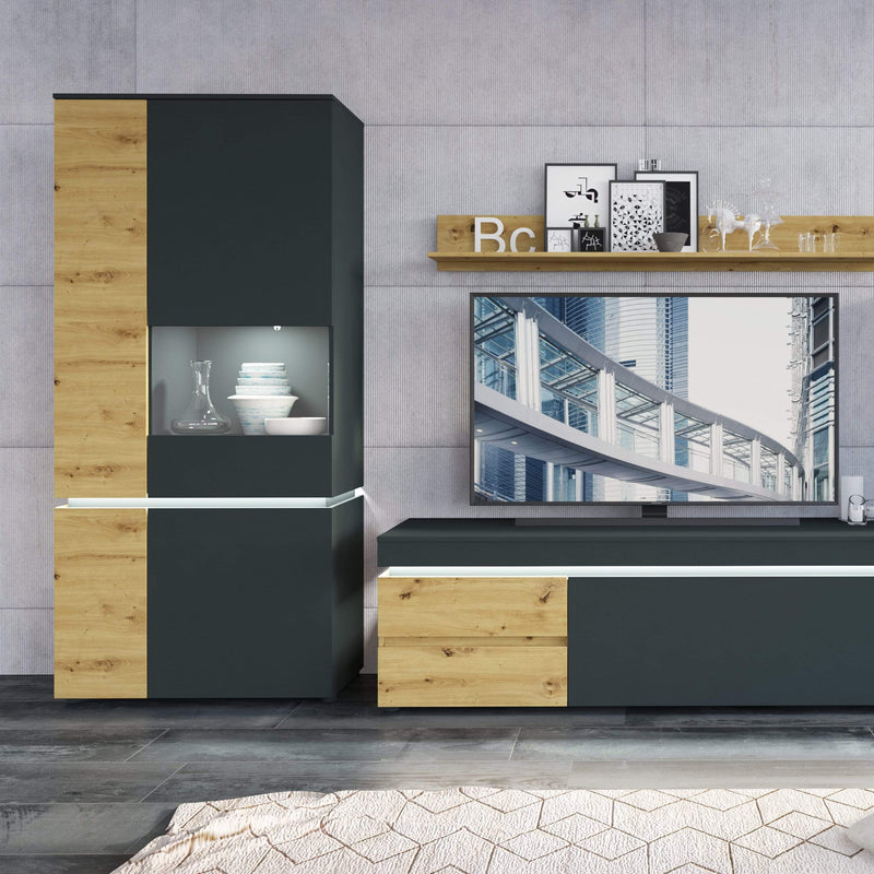 FTG TV Unit Luci Dark - Luci 1 door 2 drawer 180 cm wide TV unit (including LED lighting) in Platinum and Oak Bed Kings