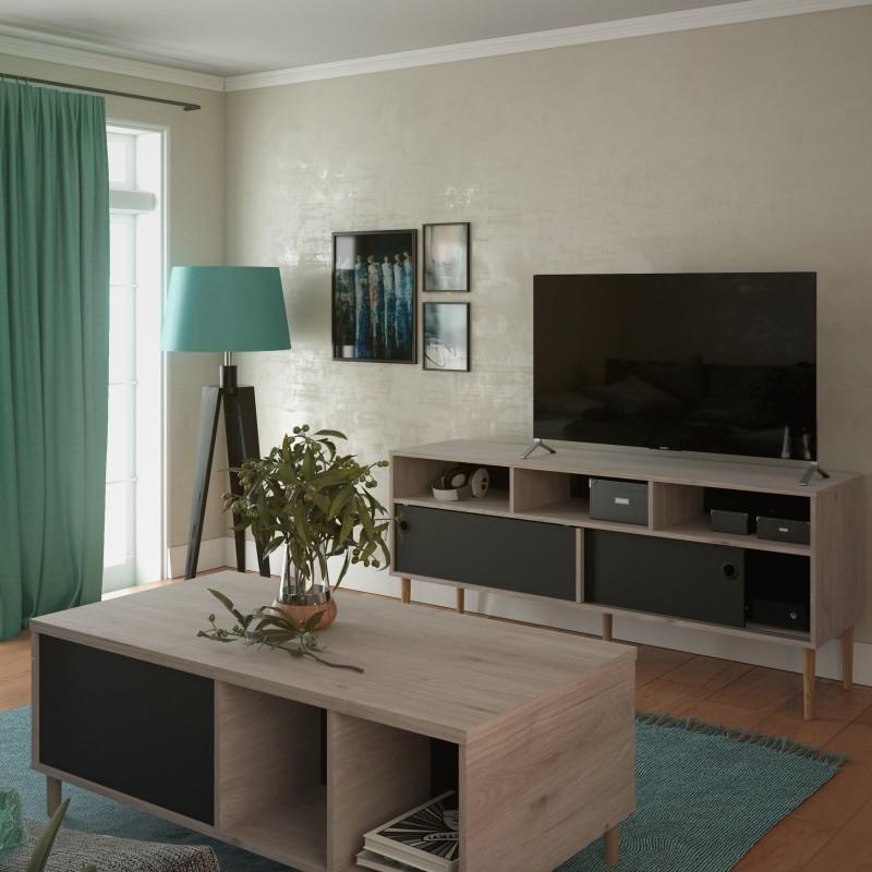 FTG TV Unit Rome TV-unit 2 Sliding Doors in Jackson Hickory Oak with Matt Black Bed Kings