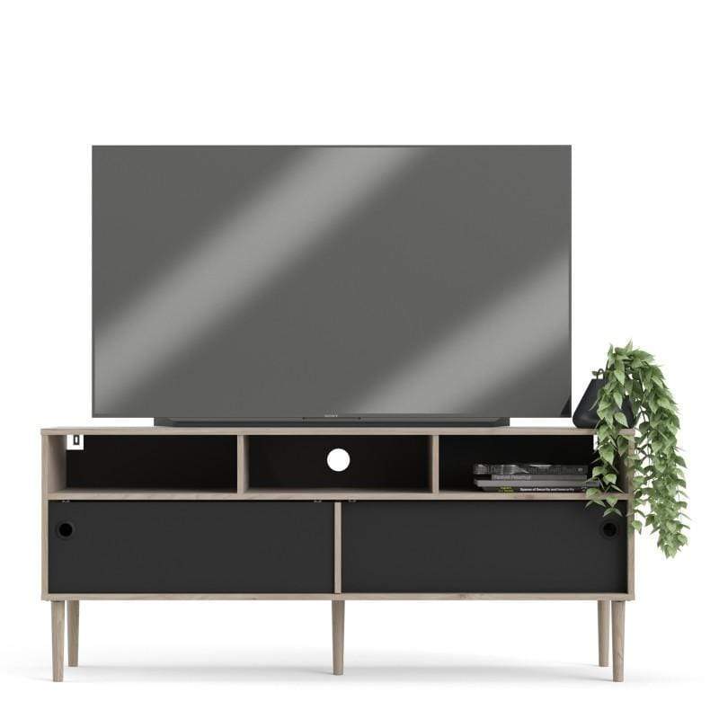 FTG TV Unit Rome TV-unit 2 Sliding Doors in Jackson Hickory Oak with Matt Black Bed Kings